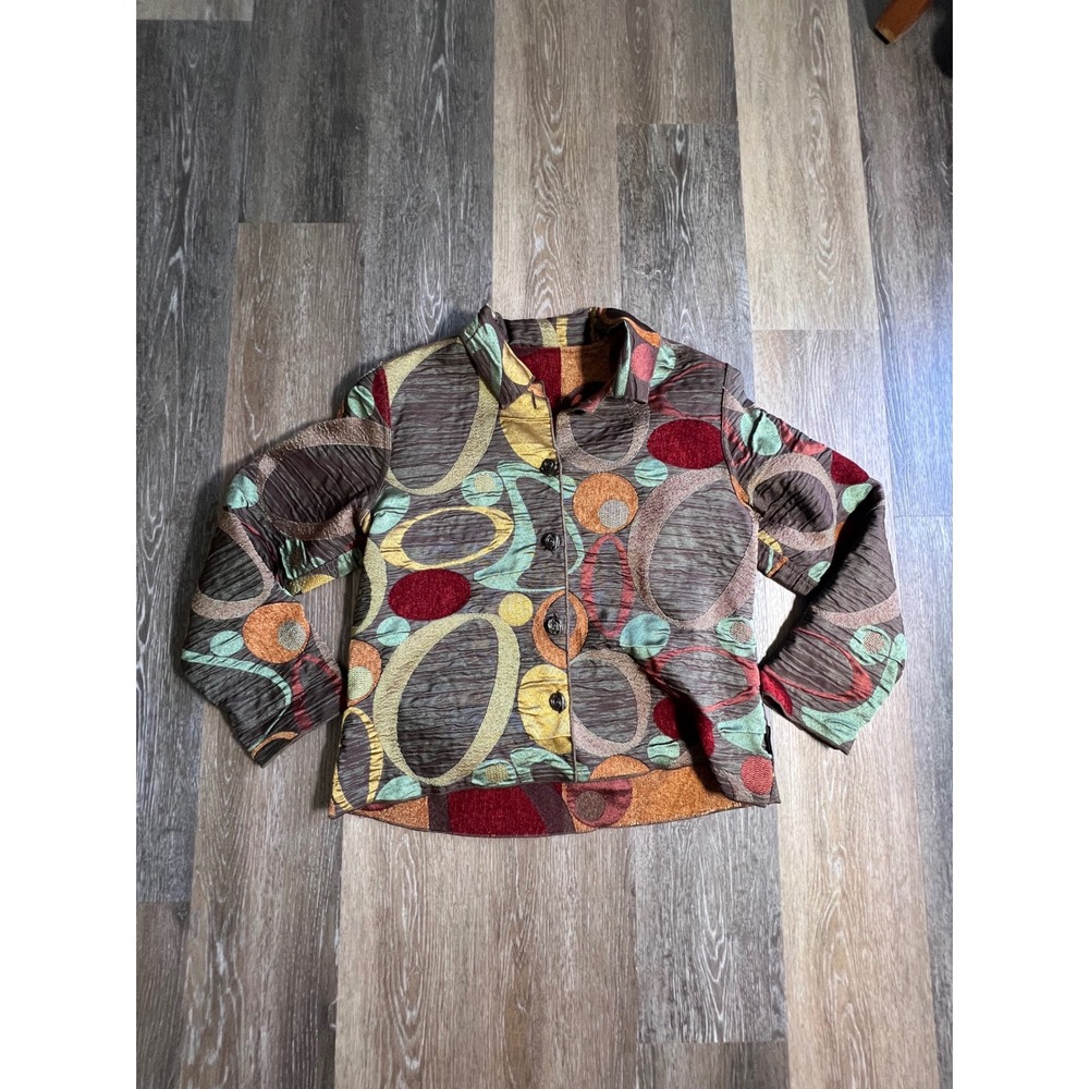 Winding River Jacket Women Medium Brown Multicolor Abstract Art To Wear‎